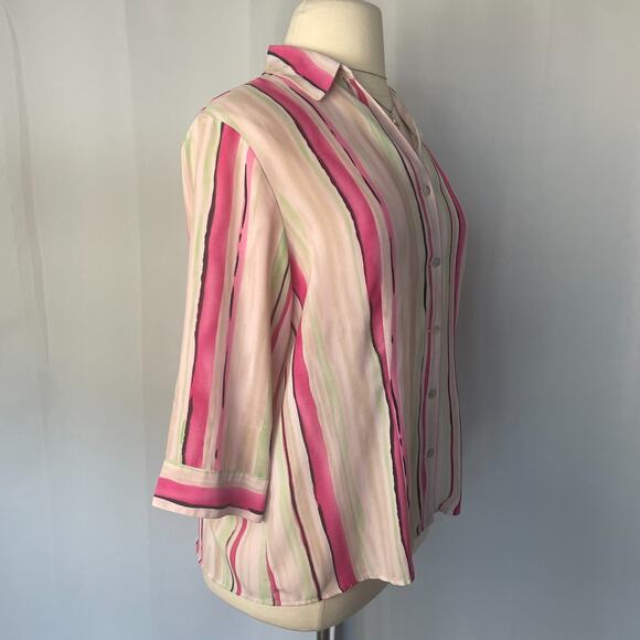 Dress Barn Blouse Plus Size 1X White Pink Green Stripe Button Long Sleeve Office - Picture 4 of 15